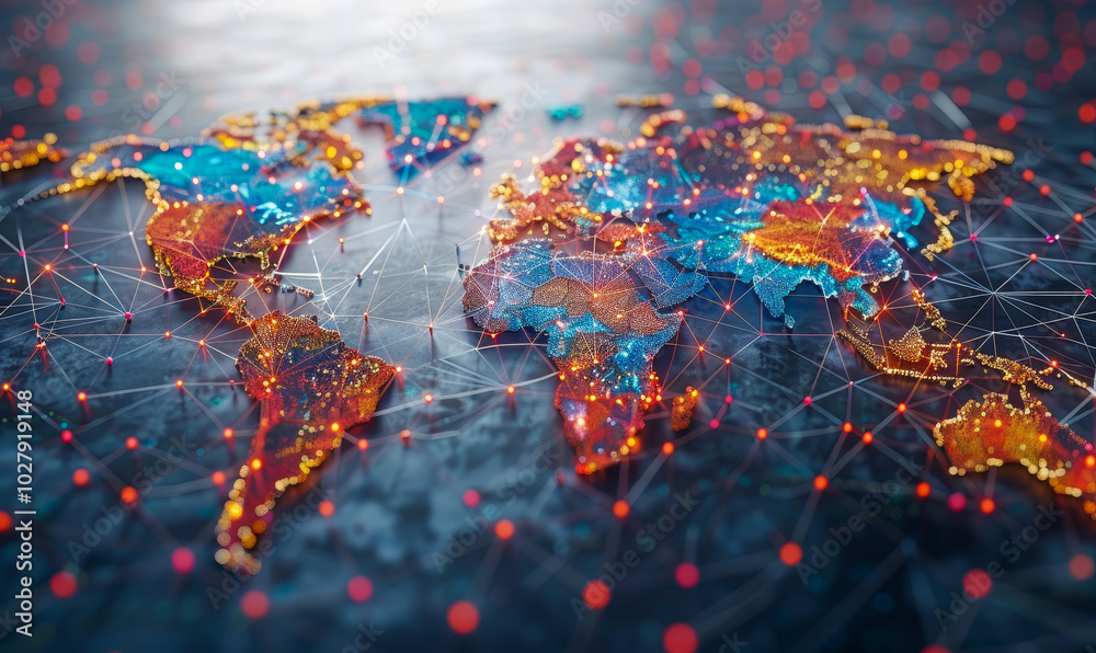 Fotografie Vibrant Global Social Network Concept, World Map with Interconnected Nodes and D