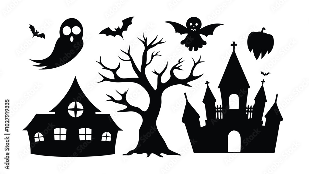 Collection of Halloween silhouettes. Haunted house, creepy tree, flying witch, pumpkins, halloween ghost, owl, coffin lid etc 