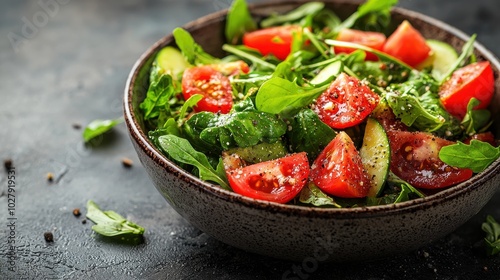 Fresh garden salad with spinach, tomatoes, and cucumbers prepared in a rustic bowl on a textured dark background