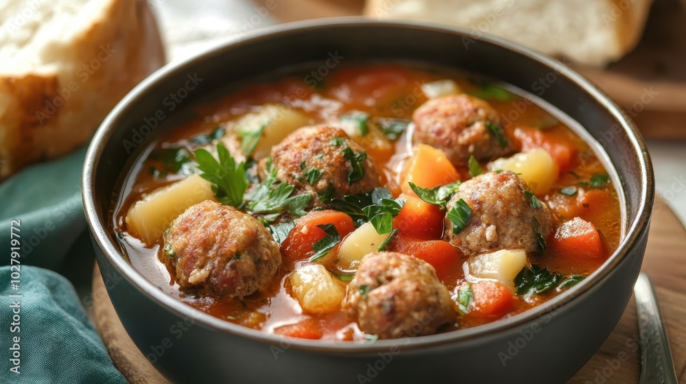 Bowl of soup with meatballs, vegetables, and herbs Bowl of soup with meatballs, vegetables, and herbs