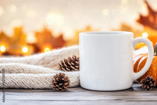 Cozy autumn setting with a warm beverage, seasonal decorations, and soft textures by a wooden table