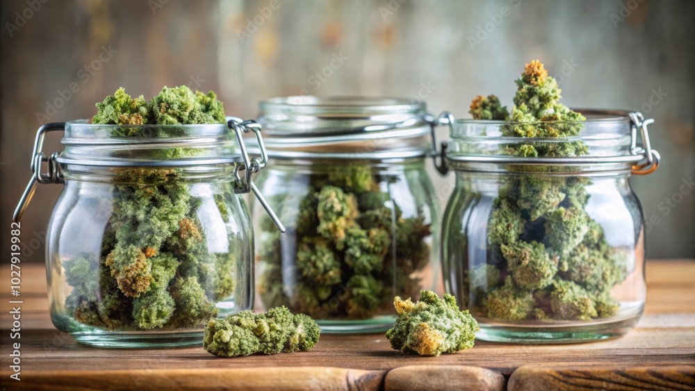 Fresh and vibrant marijuana buds displayed in elegant glass spice jars for modern kitchen decor Fresh and vibrant marijuana buds displayed in elegant glass spice jars for modern kitchen decor