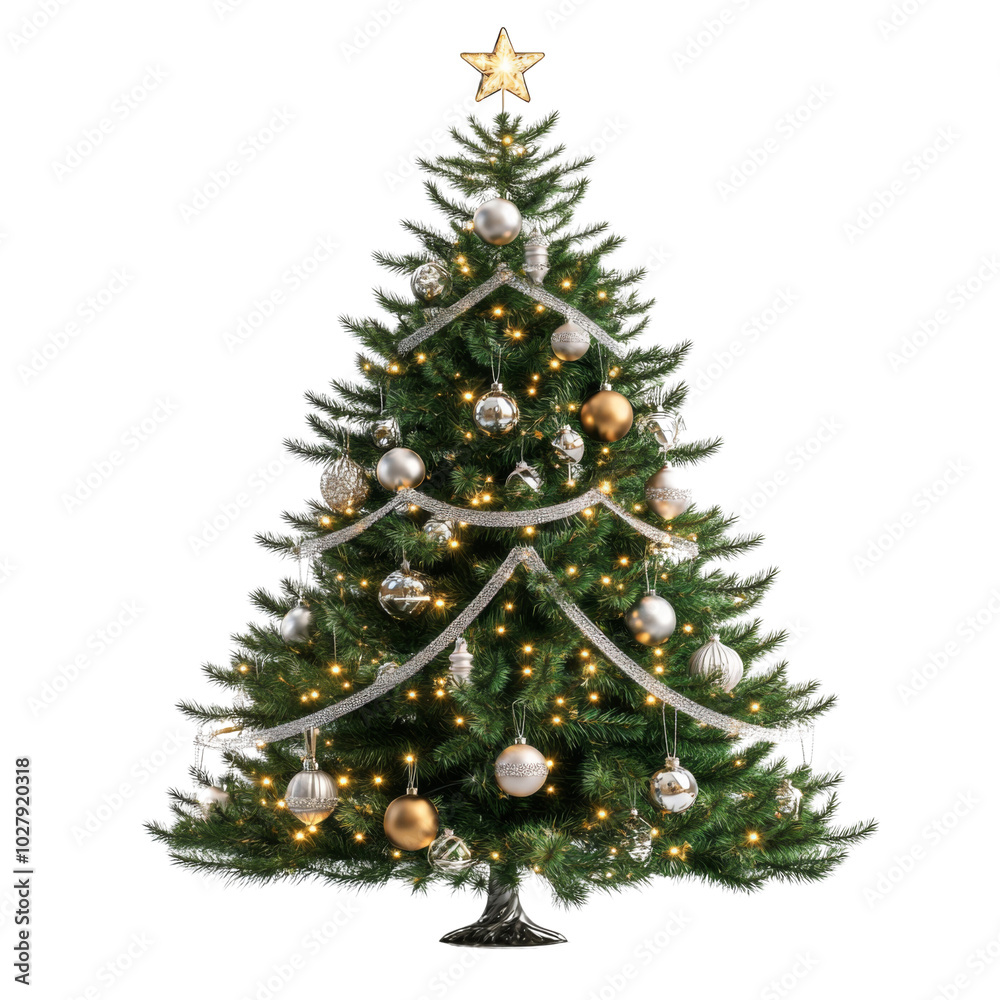 Decorated Christmas tree adorned with red and gold ornaments, topped with a star, perfect for festive celebrations. Decorated Christmas tree adorned with red and gold ornaments, topped with a star, perfect for festive celebrations.