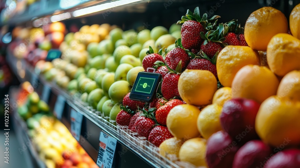 Close-up of a sensor checking the freshness of packaged fruits in a grocery store, smart packaging, food technology integration Close-up of a sensor checking the freshness of packaged fruits in a grocery store, smart packaging, food technology integration