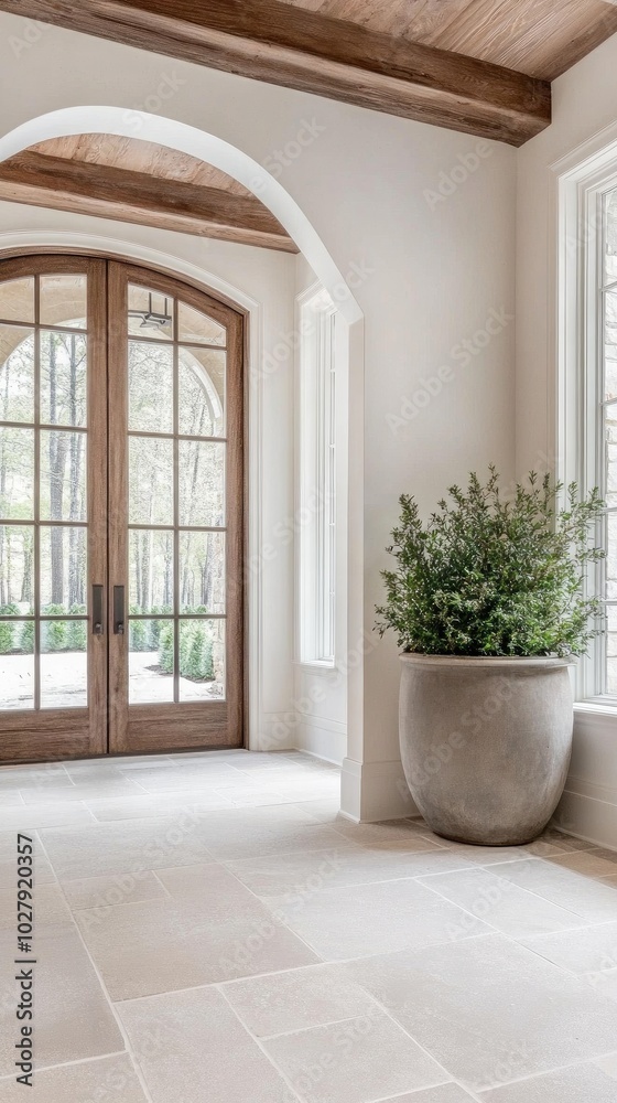 This inviting entryway showcases sleek double glass doors surrounded by large dark wood planters filled with lush greenery against a pristine white stucco facade This inviting entryway showcases sleek double glass doors surrounded by large dark wood planters filled with lush greenery against a pristine white stucco facade