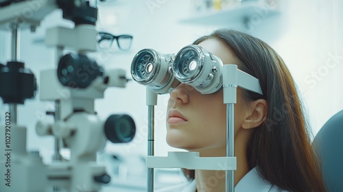 An optician performing an eye exam on a patient, using a modern phoropter device