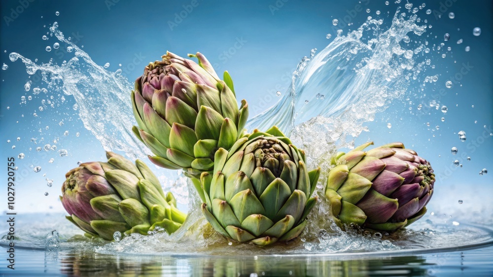 Obraz premium Explosive Water Splash with Fresh Artichokes on Bright Background Surreal Detail