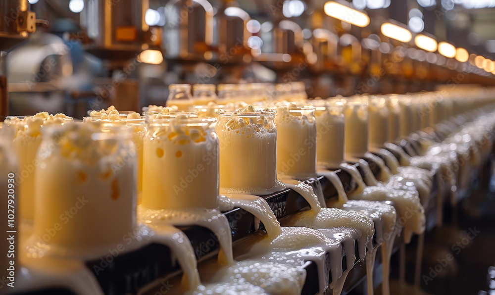 Row of Freshly Bottled Milk Overflowing on Assembly Line in Modern Dairy Factory - Evening Production Process with Machines and Equipment