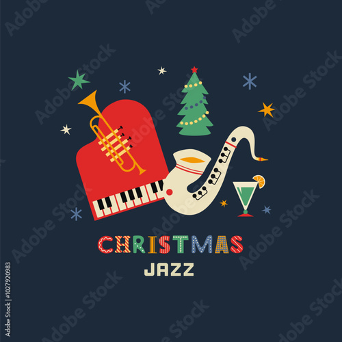 Christmas holiday Jazz fancy vector icon. Saxophone, trumpet, piano cartoon design element. Jazz music club x-mas holidays invitation template. Christmas party live music event background illustration