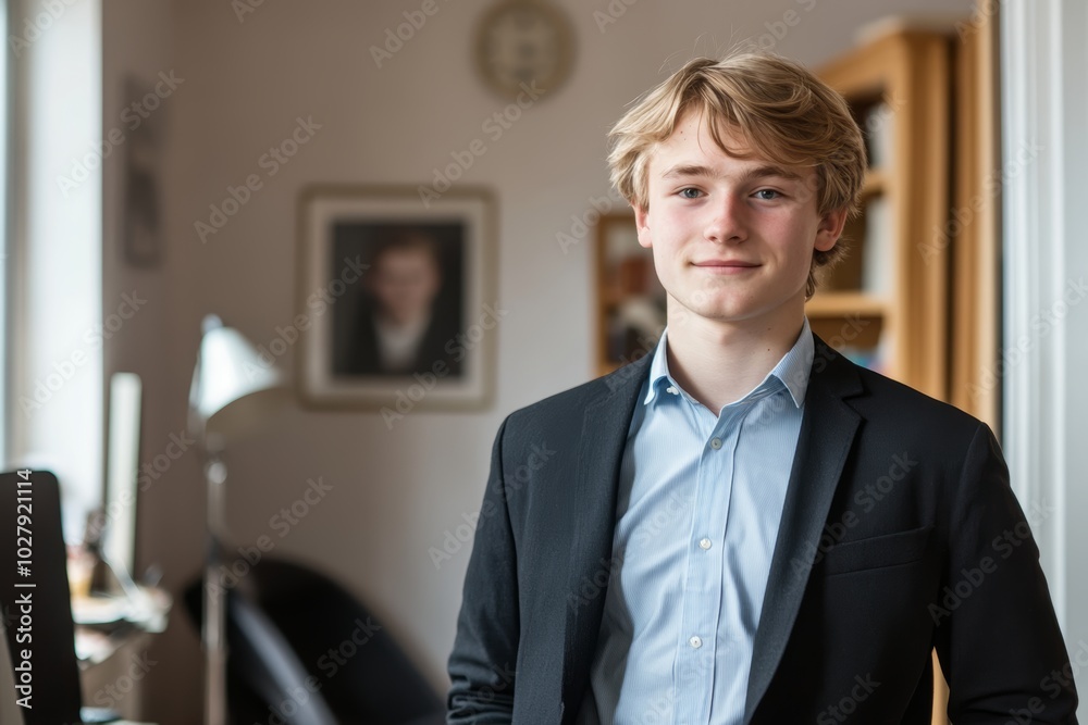 Fototapeta premium A young man wearing a suit jacket smiles while posing in a cozy living room with personal touches and natural light