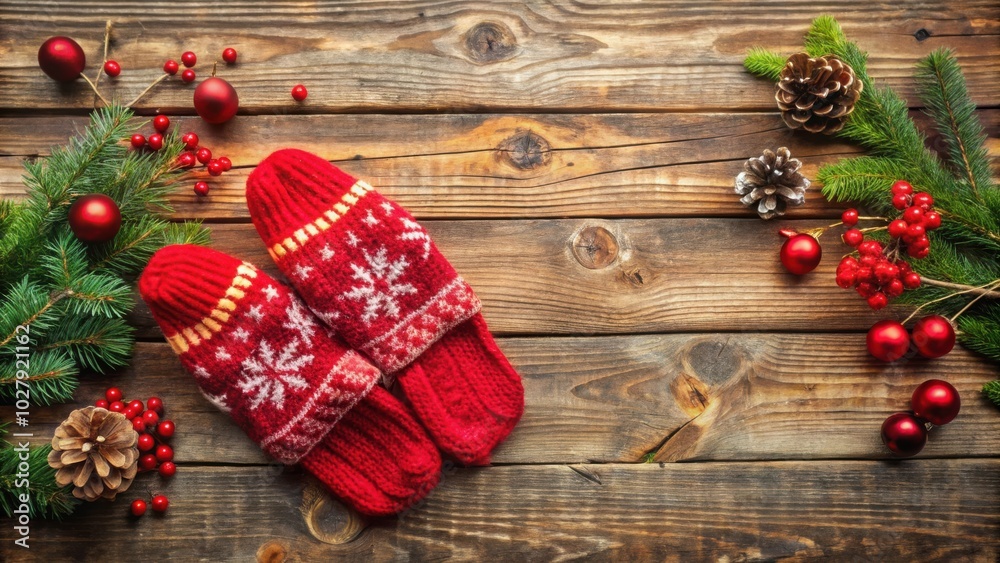 Christmas red mittens on rustic wooden boards with festive holiday decorations Christmas red mittens on rustic wooden boards with festive holiday decorations