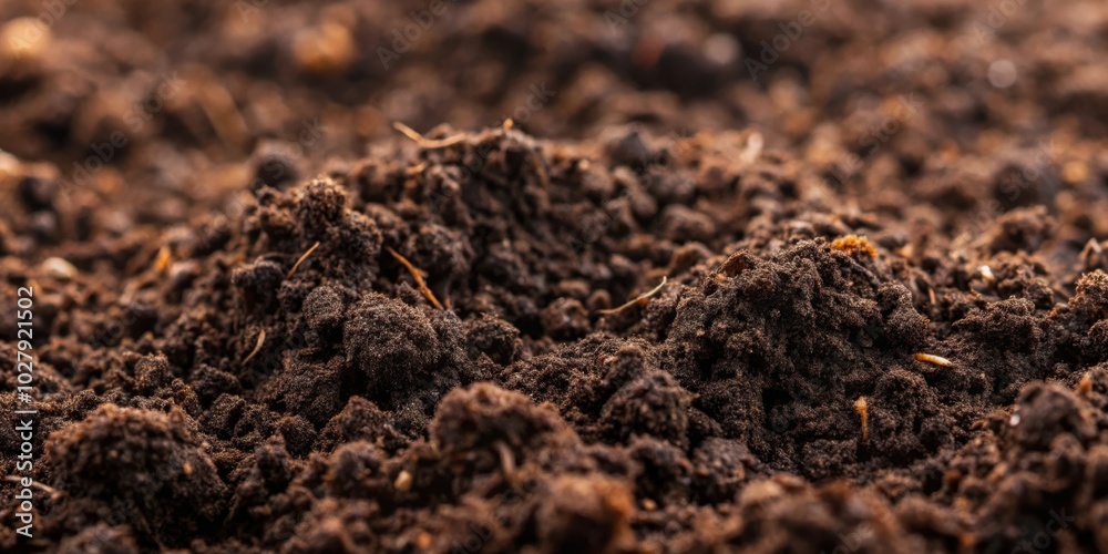 Close up of dark nutrient-rich soil with visible texture and organic matter for gardening Close up of dark nutrient-rich soil with visible texture and organic matter for gardening