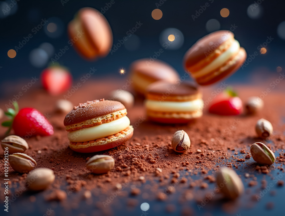Assorted macarons with a creamy filling are artfully displayed among scattered coffee beans and fresh strawberries, creating a vibrant contrast against a dark backdrop Assorted macarons with a creamy filling are artfully displayed among scattered coffee beans and fresh strawberries, creating a vibrant contrast against a dark backdrop