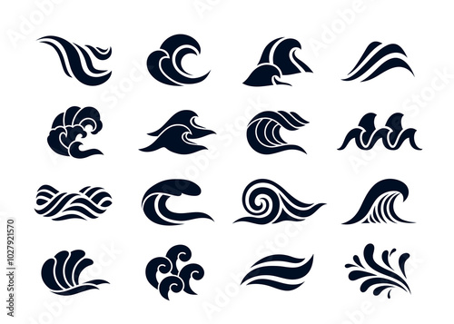 Water wave icons set. Simple black symbols and silhouettes of sea or ocean waves of different shapes. Design Elements for Logo. Flat vector illustration collection isolated on white background