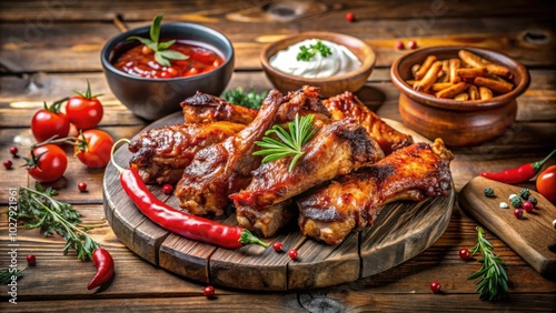 Spicy spare ribs and chicken legs served on a rustic wooden table