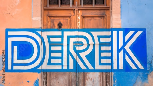 Bold modern lettering of name Derek across vintage wooden door and wall