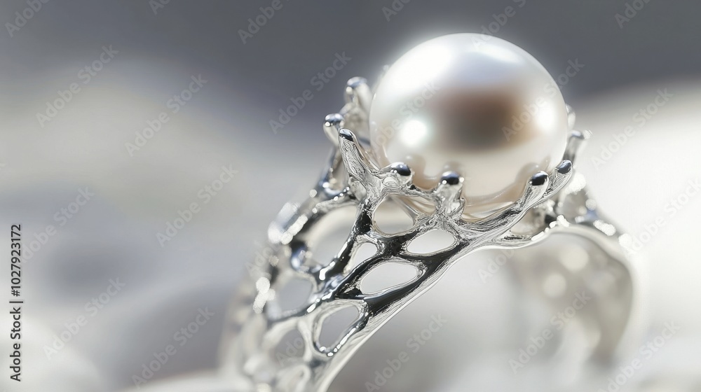 A detailed close-up of a pearl ring, set in platinum, reflecting light in intricate facets. A detailed close-up of a pearl ring, set in platinum, reflecting light in intricate facets.