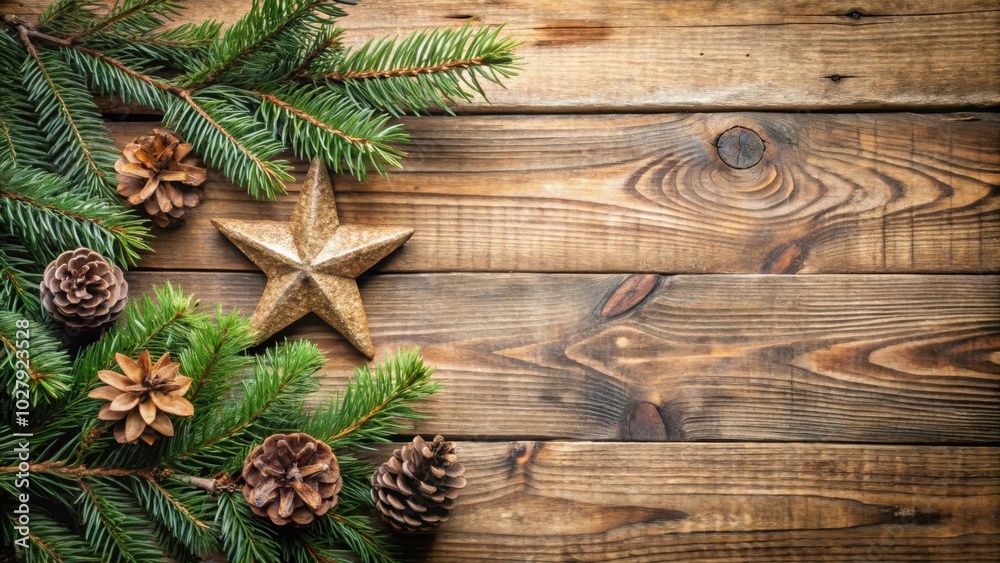 Rustic Christmas card design featuring stars, fir branches, and a fir cone on wooden background Rustic Christmas card design featuring stars, fir branches, and a fir cone on wooden background