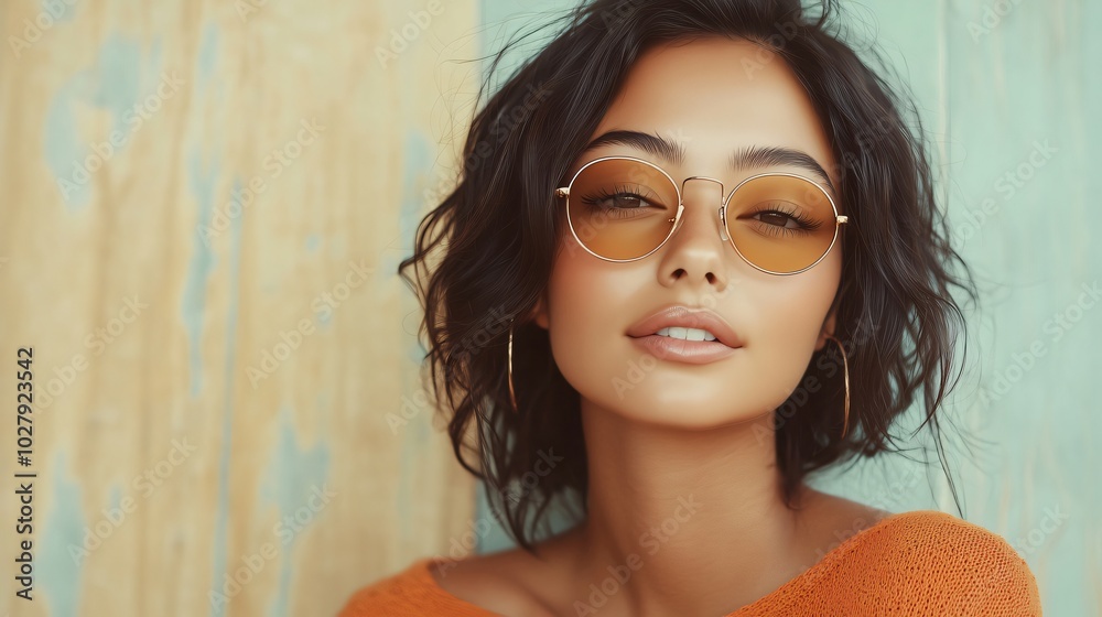 Beautiful young woman with dark curly hair posing with orange sweater in front of a vintage blue and yellow wooden background Beautiful young woman with dark curly hair posing with orange sweater in front of a vintage blue and yellow wooden background