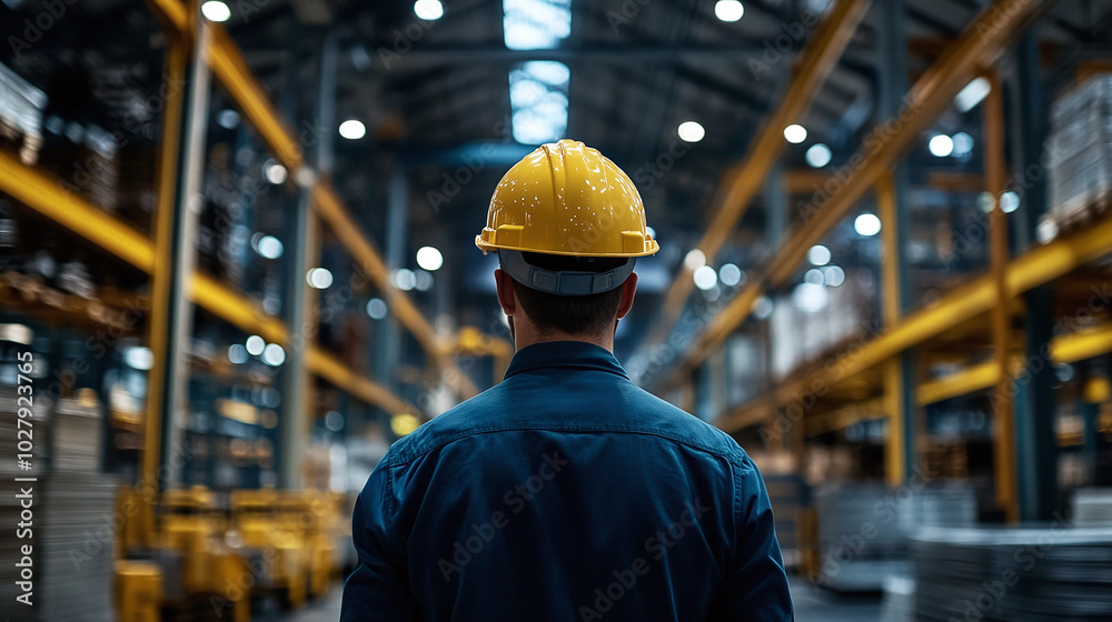 Worker in a yellow hardhat operating a crane in an industrial warehouse. Worker in a yellow hardhat operating a crane in an industrial warehouse.