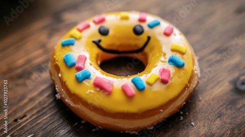 A donut decorated with colorful icing, shaped like a smiley face, perfect for a fun treat. photo