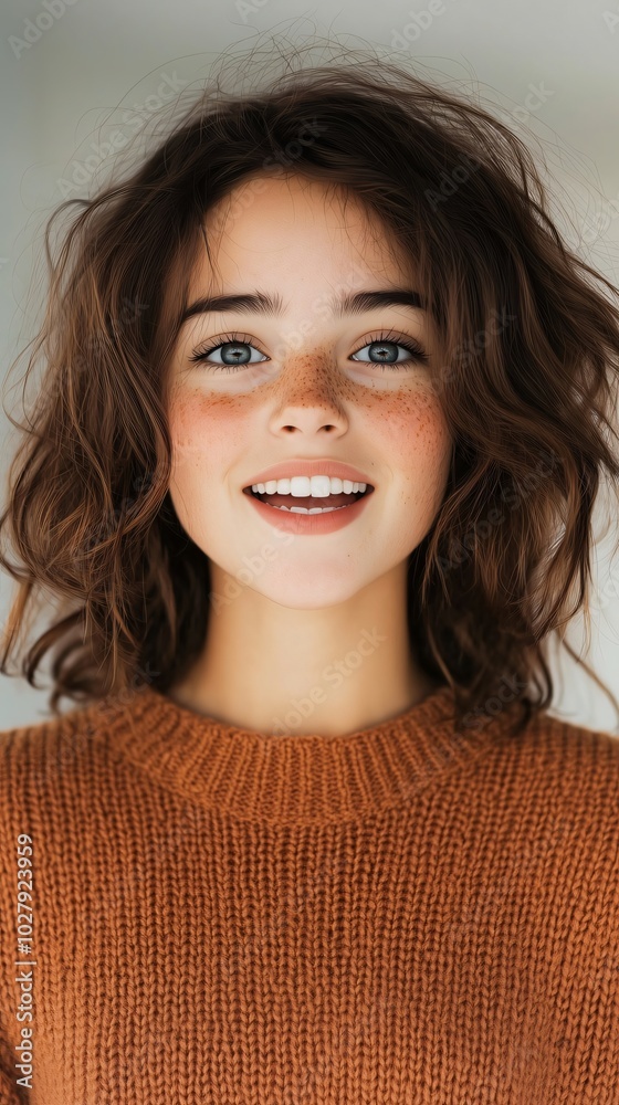 Gaze of a Youthful female with beautiful blue eyes, clear skin and freckles is happily smiling. She has long brown hair and is wearing a knitted brown sweater Gaze of a Youthful female with beautiful blue eyes, clear skin and freckles is happily smiling. She has long brown hair and is wearing a knitted brown sweater