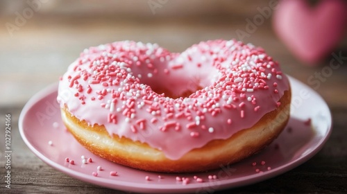 A donut shaped like a heart, with pink frosting and sprinkles, perfect for Valentine's Day.