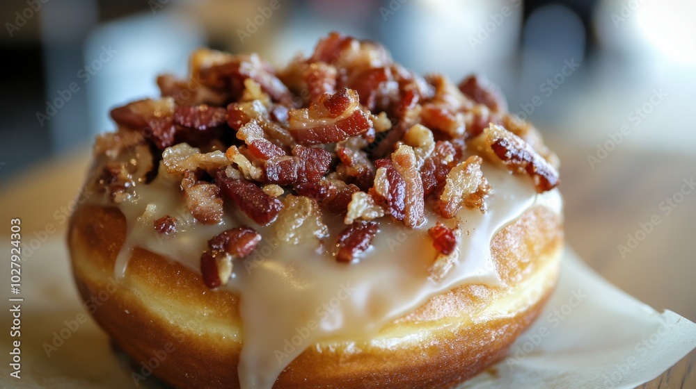 A donut topped with bacon bits and maple glaze, combining sweet and savory flavors in one bite. A donut topped with bacon bits and maple glaze, combining sweet and savory flavors in one bite.