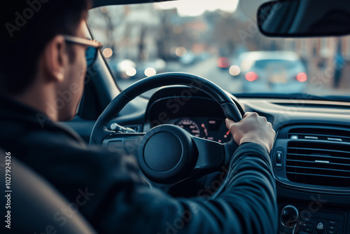 Man driving a car during the day with focus on the dashboard and hands on the steering wheel. Concept of commuting, transportation, and urban driving photo