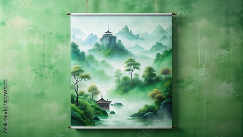  Traditional green Chinese landscape scroll with misty mountains