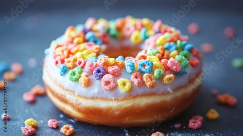 A donut topped with colorful cereal pieces, creating a fun, playful treat for kids.