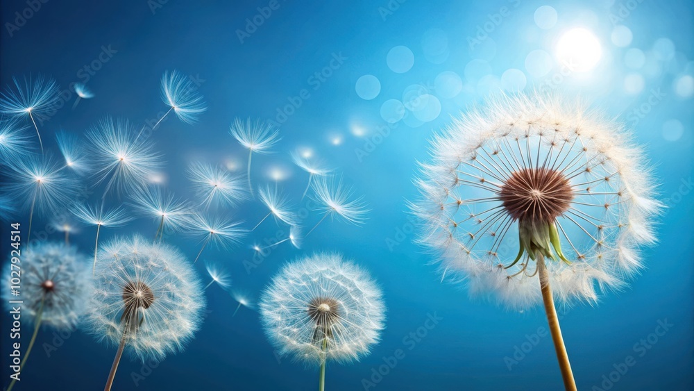 Tranquil dandelion seeds floating in the sky over serene blue background Tranquil dandelion seeds floating in the sky over serene blue background