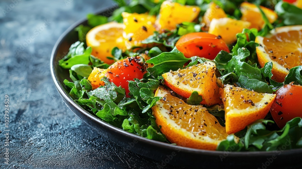 Fresh garden salad featuring vibrant oranges and tomatoes served on a dark plate with a sprinkle of pepper Fresh garden salad featuring vibrant oranges and tomatoes served on a dark plate with a sprinkle of pepper