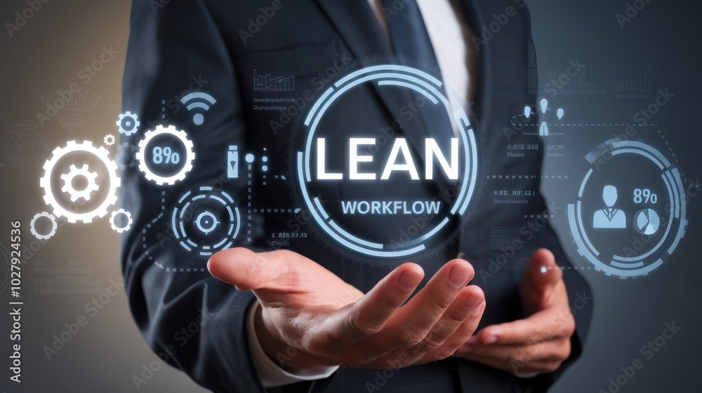 Businessman presenting lean workflow concept on digital interface. Businessman presenting lean workflow concept on digital interface.