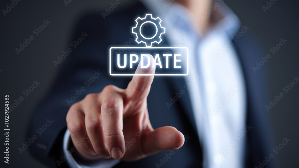 Businessman pressing update button on digital screen. Businessman pressing update button on digital screen.