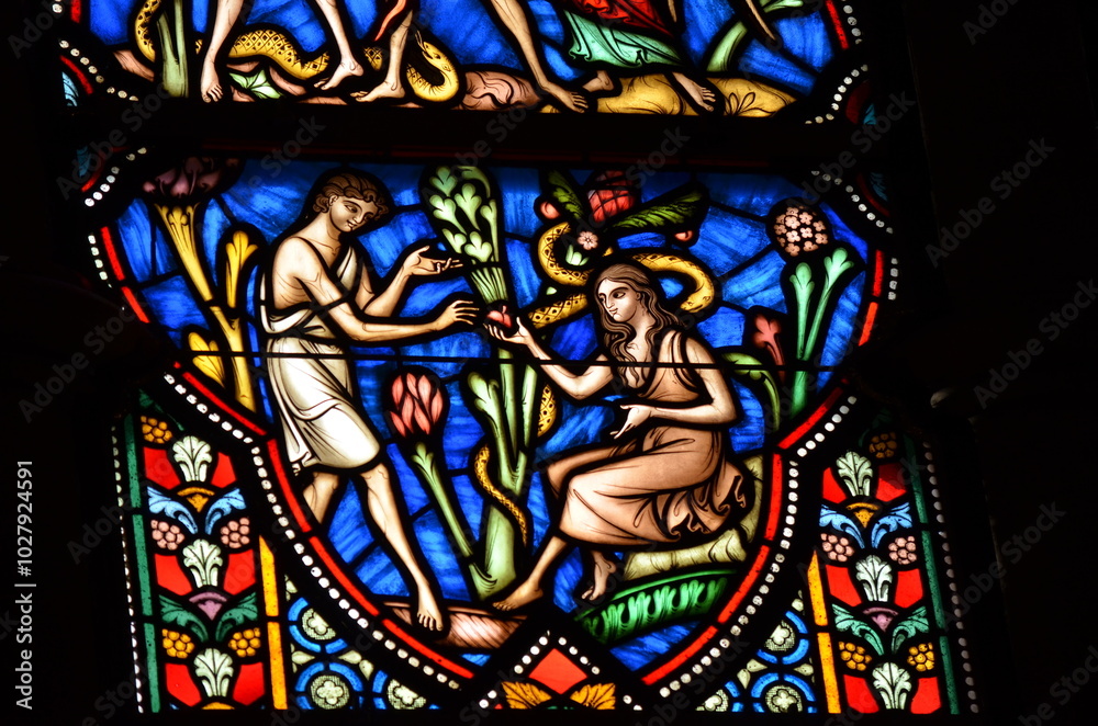 Stained Glass Depiction of Adam and Eve in the Garden of Eden, Brussels ...