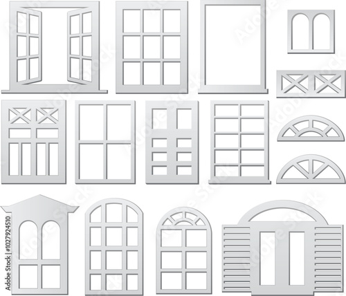 Set of Diverse Window Frame Styles and Designs