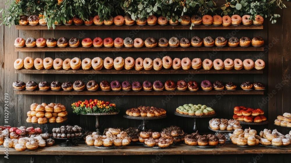 A donut wall at a wedding reception, with different flavors and toppings for guests to enjoy. A donut wall at a wedding reception, with different flavors and toppings for guests to enjoy.