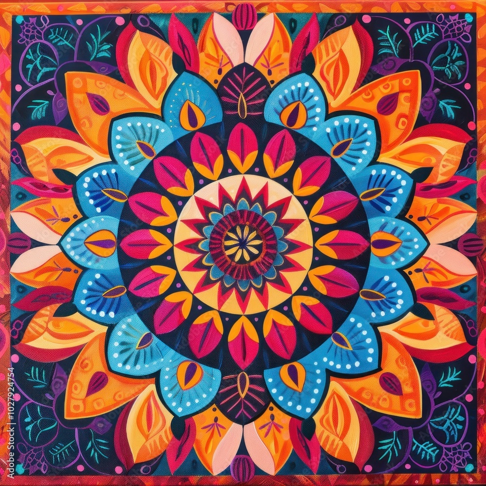 A vibrant mandala design showcases an array of bold colors and intricate patterns. It features floral elements and geometric shapes in a harmonious layout radiating energy and creativity A vibrant mandala design showcases an array of bold colors and intricate patterns. It features floral elements and geometric shapes in a harmonious layout radiating energy and creativity
