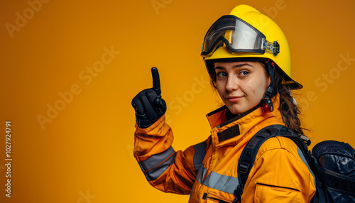 Woman in a yellow jacket with a helmet on her head. She is giving a thumbs up