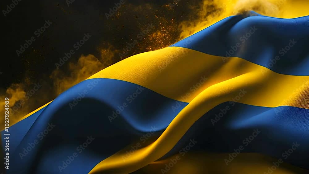 Abstract Close-Up of Swedish Flag in Golden Haze with Soft Shimmering Light