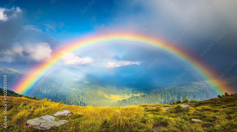 Naklejka premium Colorful Rainbow Over Mountain Landscape