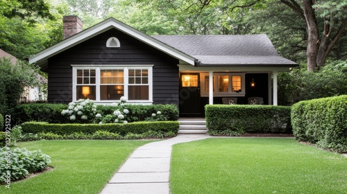 Fototapeta Naklejka Na Ścianę i Meble -  The small black cottage showcases a modern farmhouse design, featuring shingle details and white trim, nestled among beautifully manicured hedges and trees.