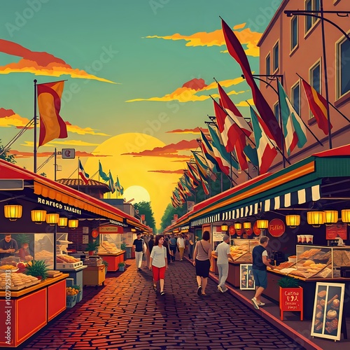 Vibrant Street Market Scene with Cobblestone, Flags, and People