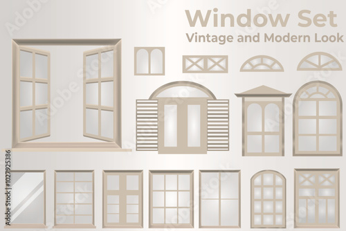 Set of Diverse Window Frame Styles and Designs