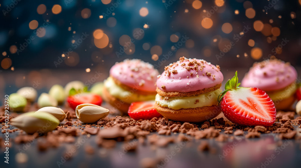 Colorful macarons topped with pink frosting are displayed alongside fresh strawberries and crushed pistachios, creating a delightful dessert arrangement with sparkling lights Colorful macarons topped with pink frosting are displayed alongside fresh strawberries and crushed pistachios, creating a delightful dessert arrangement with sparkling lights