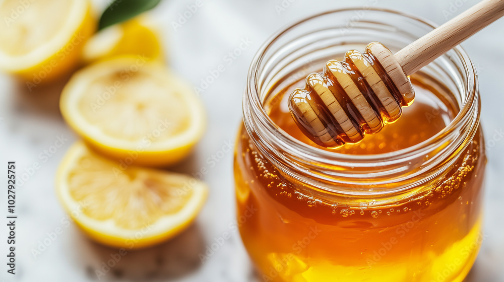 Honey and lemon, a jar of honey and lemon slices, Immune system boost, Immune-boosting foods, Healthy lifestyle Honey and lemon, a jar of honey and lemon slices, Immune system boost, Immune-boosting foods, Healthy lifestyle