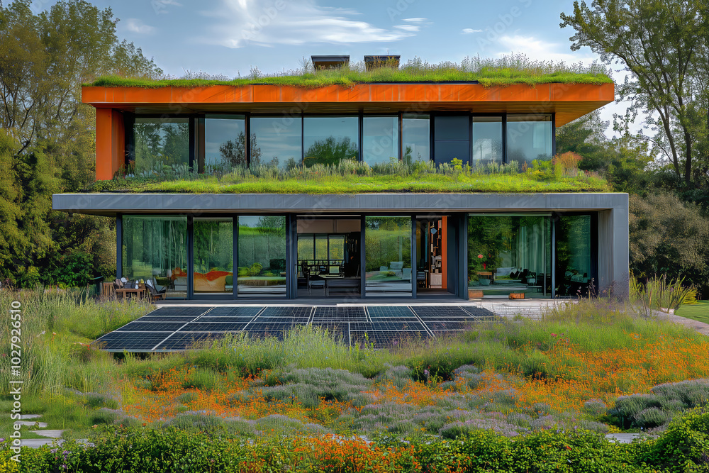 An eco-house reflecting sustainability and innovation amidst vibrant garden life in the afternoon sun