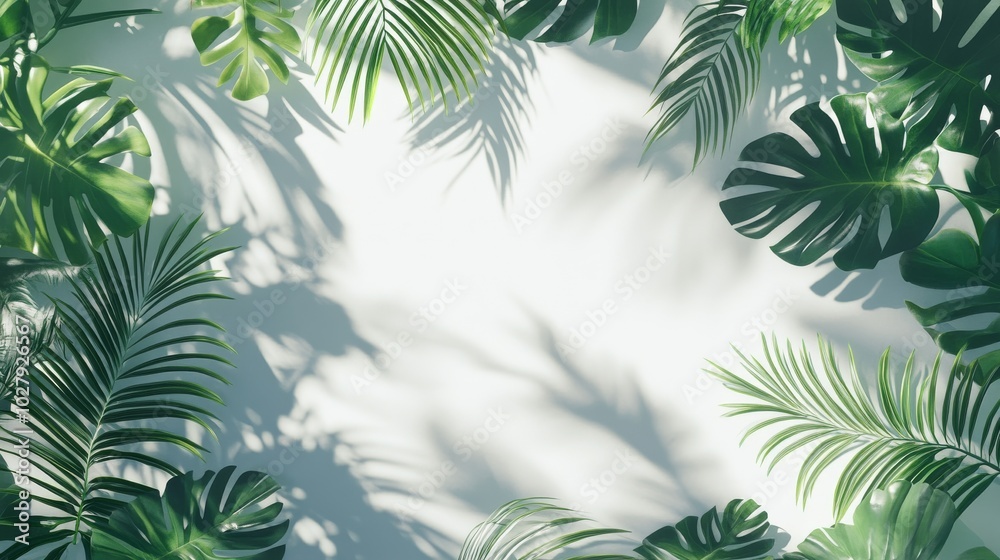 Green palm leaves with shadows on a white background, tropical plants, a palm tree leaf frame with copy space. Green palm leaves with shadows on a white background, tropical plants, a palm tree leaf frame with copy space.