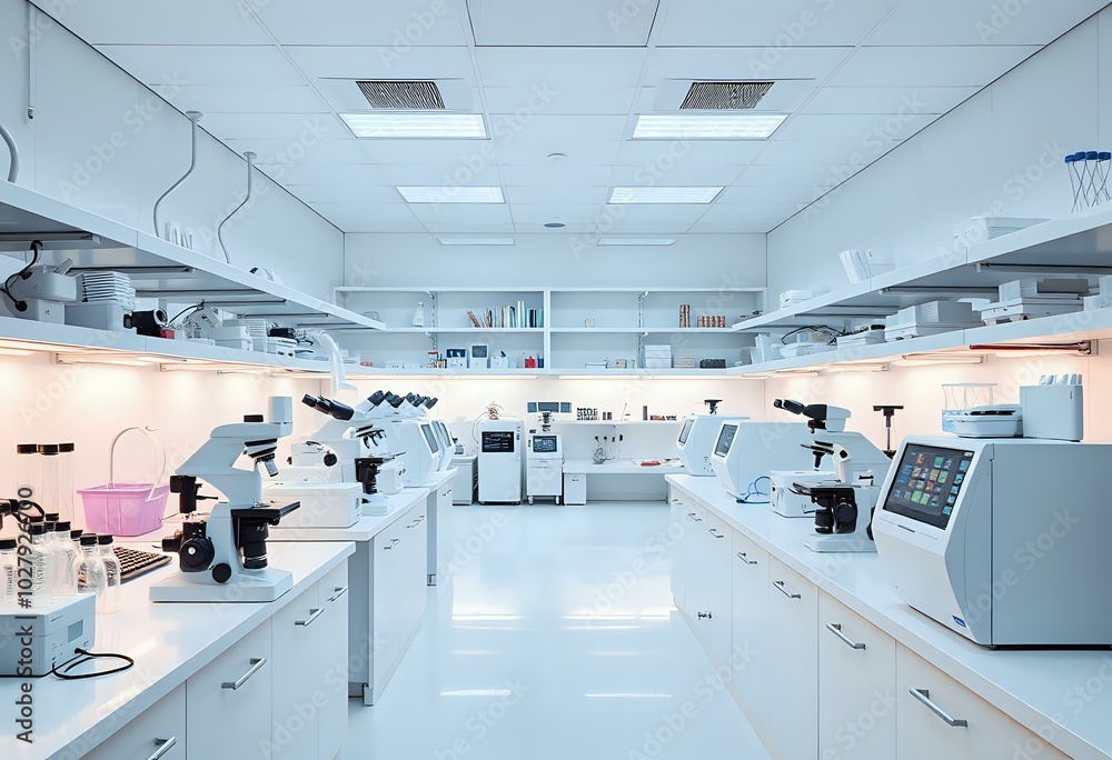 Scientific Laboratory Workspace with Multiple Equipment and Illumination